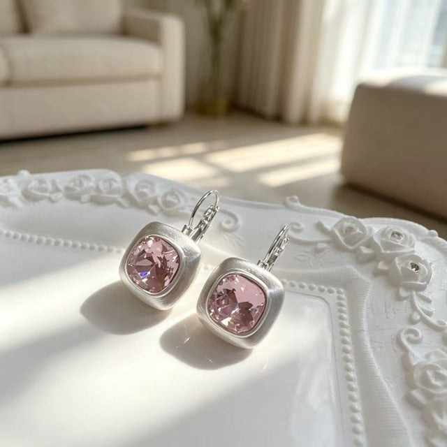 Brushed Silver Square Earrings For Women With Copper Ear Pins And Zircon Inlay