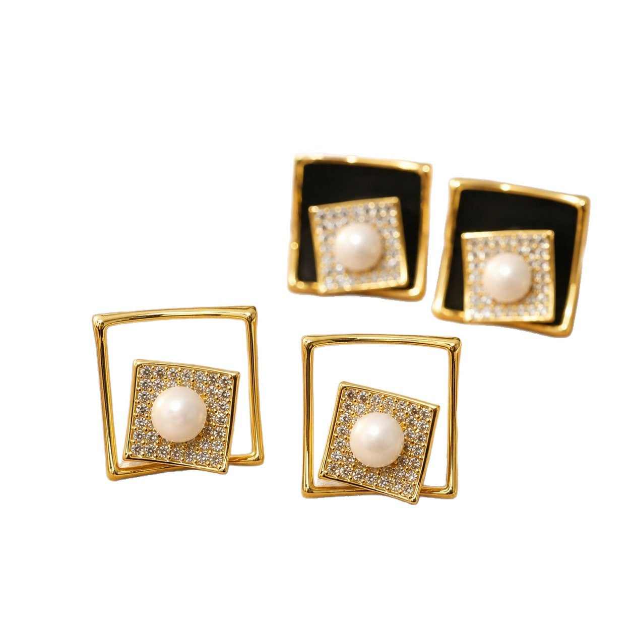 Geometric Enamel Earrings For Women With Electroplated Alloy And Zircon Inlay, Featuring 304 Stainless Steel Studs