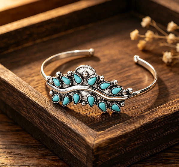 Geometric Ethnic Style Silver Alloy Bangle With Turquoise Inlay, Featuring Electroplated Craft