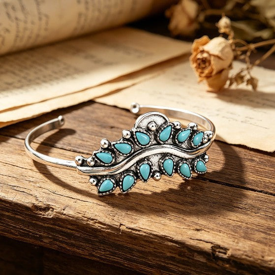 Geometric Ethnic Style Silver Alloy Bangle With Turquoise Inlay, Featuring Electroplated Craft