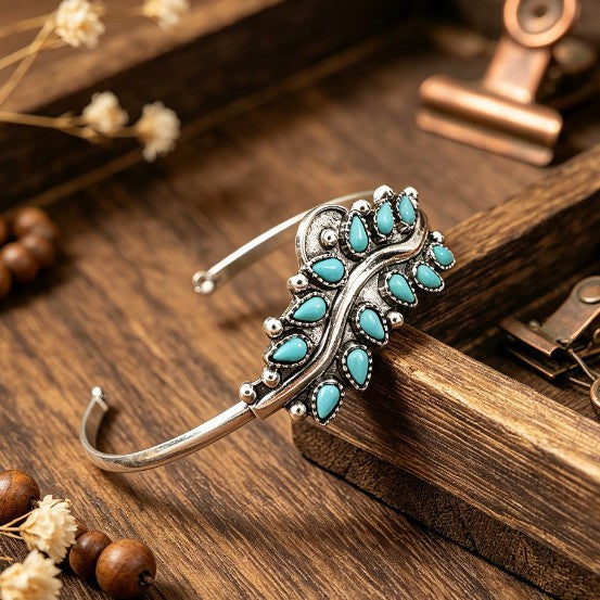 Geometric Ethnic Style Silver Alloy Bangle With Turquoise Inlay, Featuring Electroplated Craft