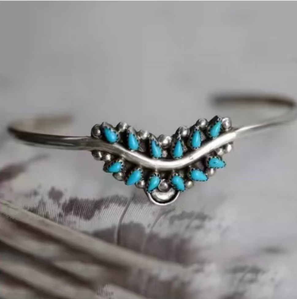 Geometric Ethnic Style Silver Alloy Bangle With Turquoise Inlay, Featuring Electroplated Craft