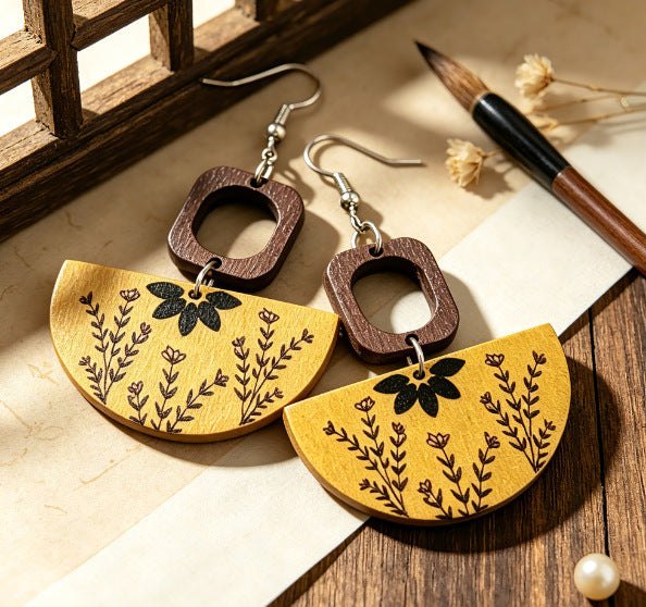 Bohemian Semicircle Wood Earrings For Women With Iron Ear Pins