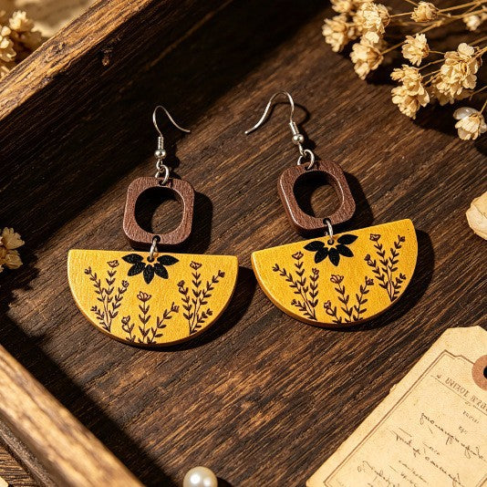 Bohemian Semicircle Wood Earrings For Women With Iron Ear Pins