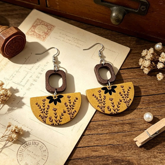 Bohemian Semicircle Wood Earrings For Women With Iron Ear Pins