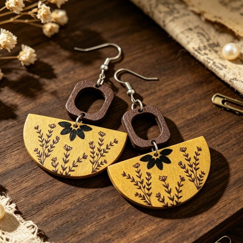 Bohemian Semicircle Wood Earrings For Women With Iron Ear Pins