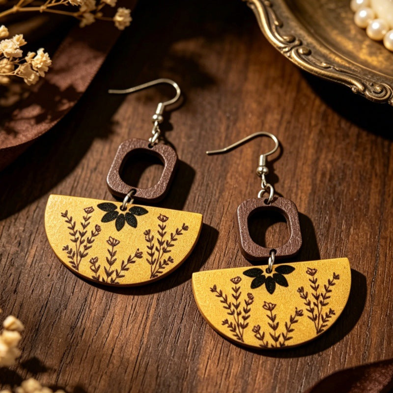 Bohemian Semicircle Wood Earrings For Women With Iron Ear Pins