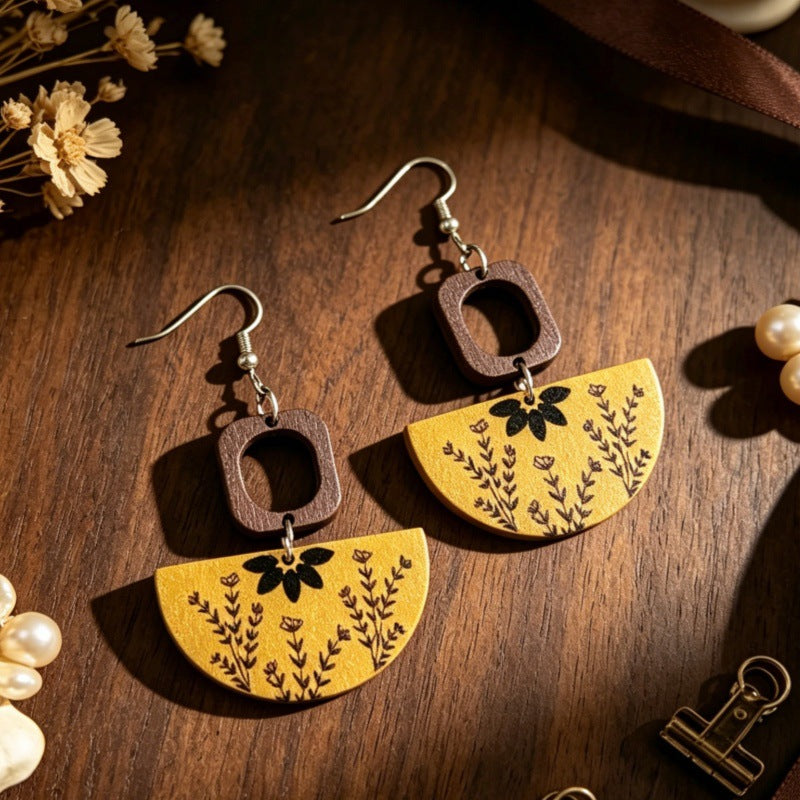 Bohemian Semicircle Wood Earrings For Women With Iron Ear Pins