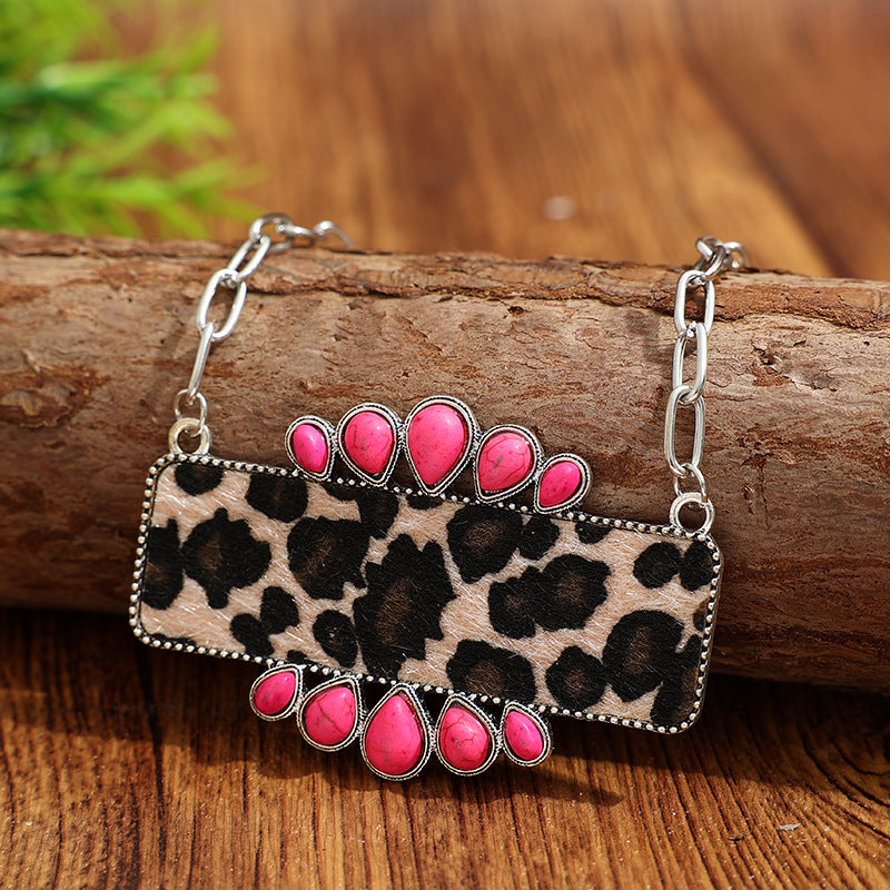 Ethnic Style Blue Necklace With Electroplated Alloy Pendant And Turquoise Inlay On Cable Chain