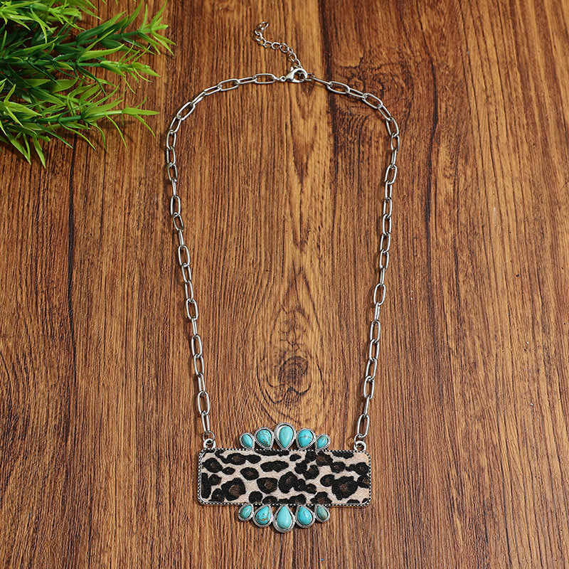 Ethnic Style Blue Necklace With Electroplated Alloy Pendant And Turquoise Inlay On Cable Chain