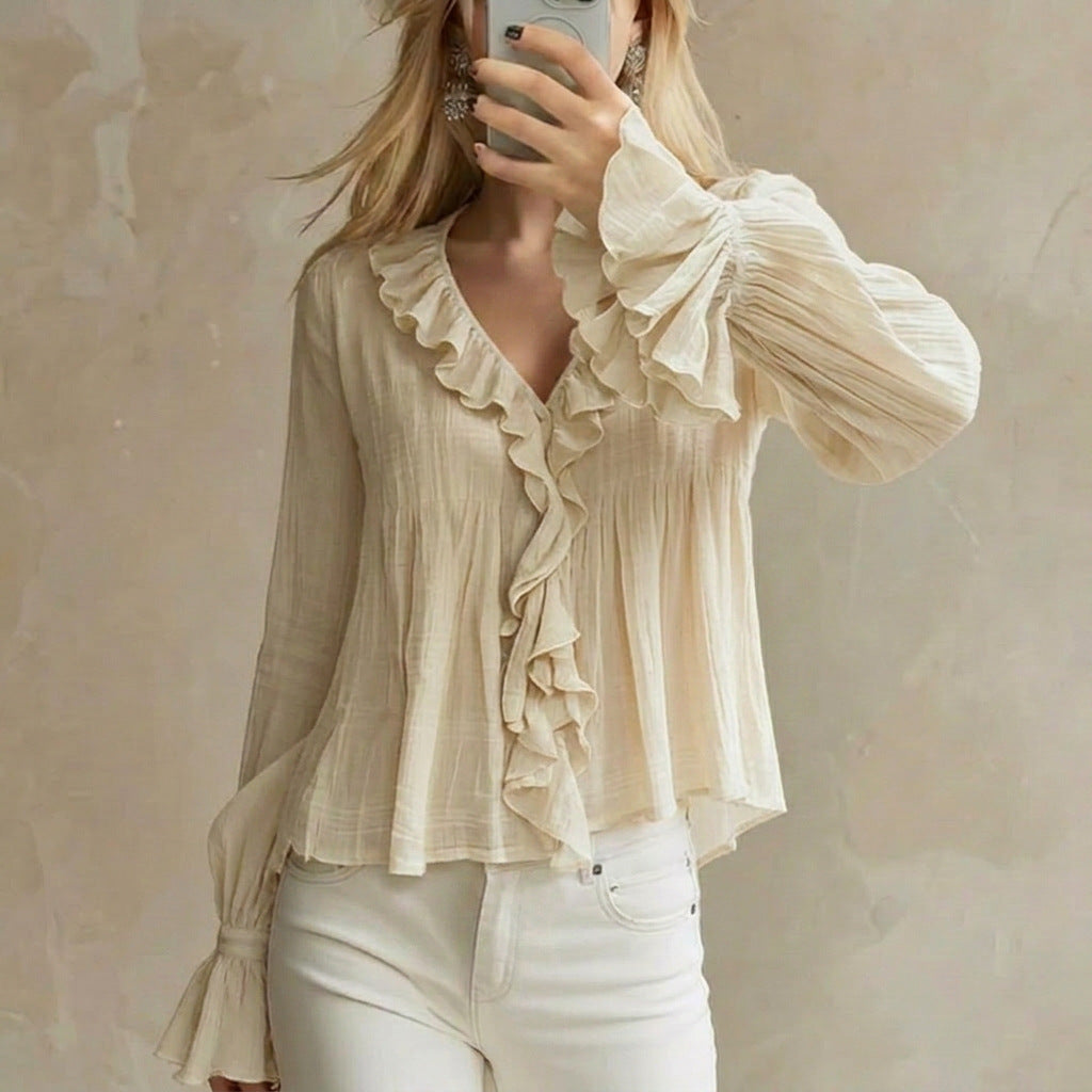 Bohemian Solid Color Long Sleeve Polyester Shirt For Women With Ruffles And Pullover Design
