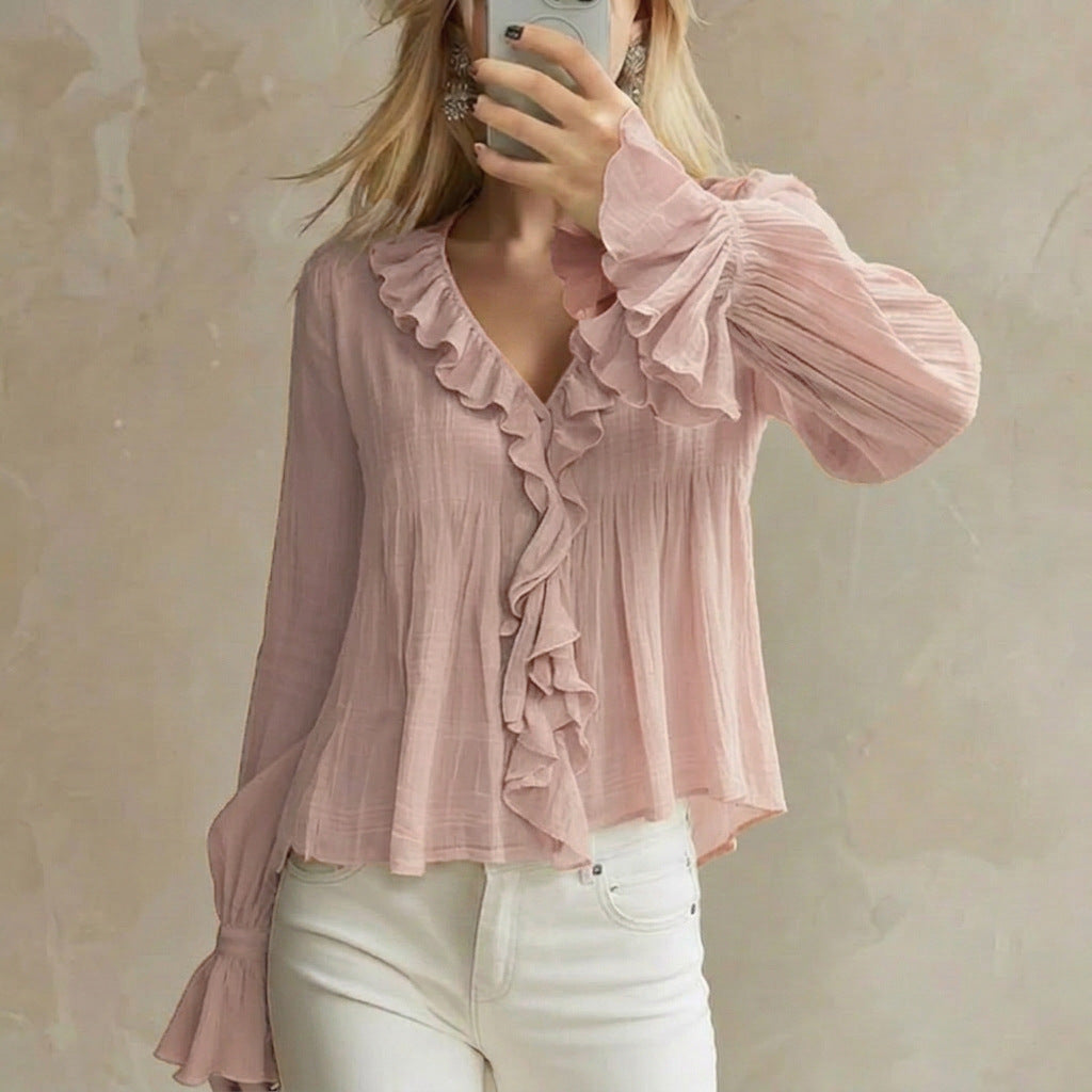 Bohemian Solid Color Long Sleeve Polyester Shirt For Women With Ruffles And Pullover Design