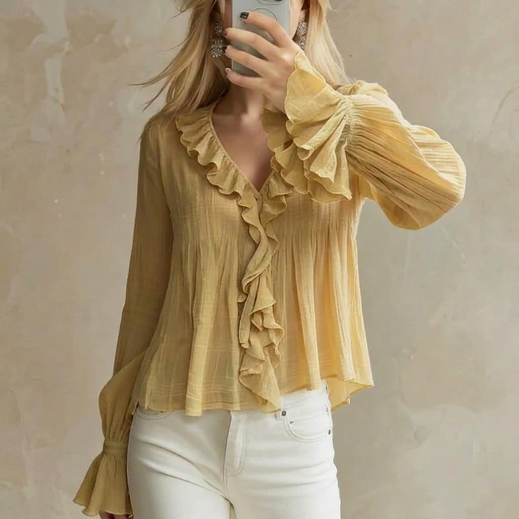 Bohemian Solid Color Long Sleeve Polyester Shirt For Women With Ruffles And Pullover Design
