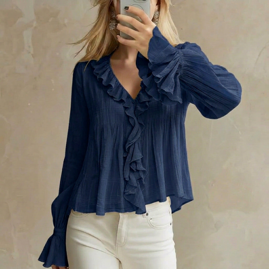 Bohemian Solid Color Long Sleeve Polyester Shirt For Women With Ruffles And Pullover Design