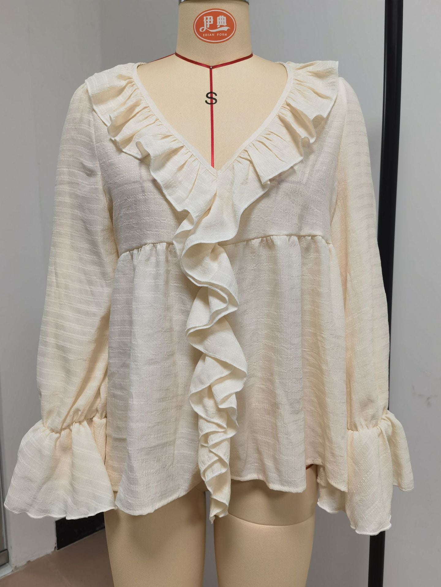 Bohemian Solid Color Long Sleeve Polyester Shirt For Women With Ruffles And Pullover Design