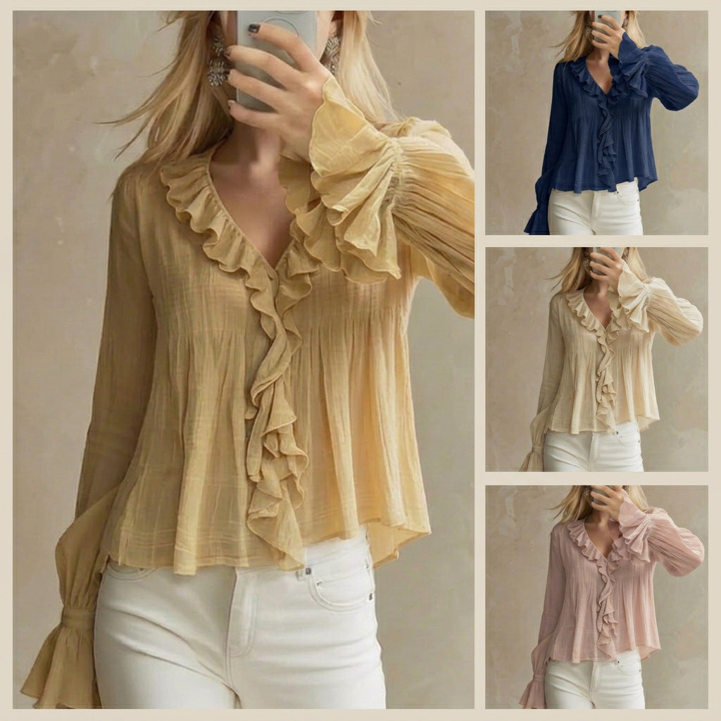 Bohemian Solid Color Long Sleeve Polyester Shirt For Women With Ruffles And Pullover Design
