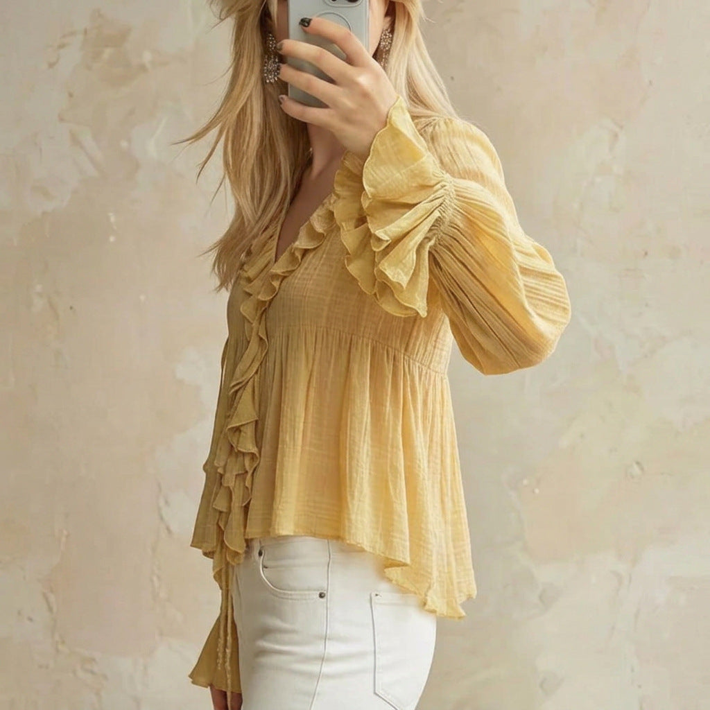 Bohemian Solid Color Long Sleeve Polyester Shirt For Women With Ruffles And Pullover Design