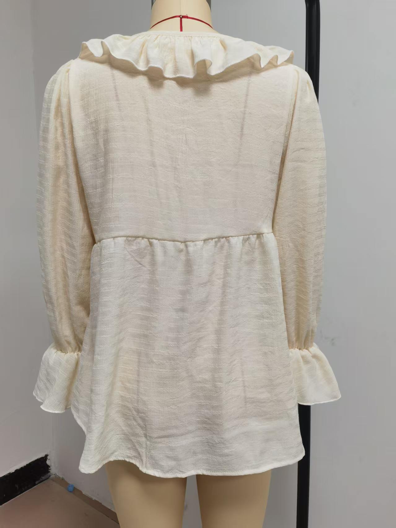 Bohemian Solid Color Long Sleeve Polyester Shirt For Women With Ruffles And Pullover Design
