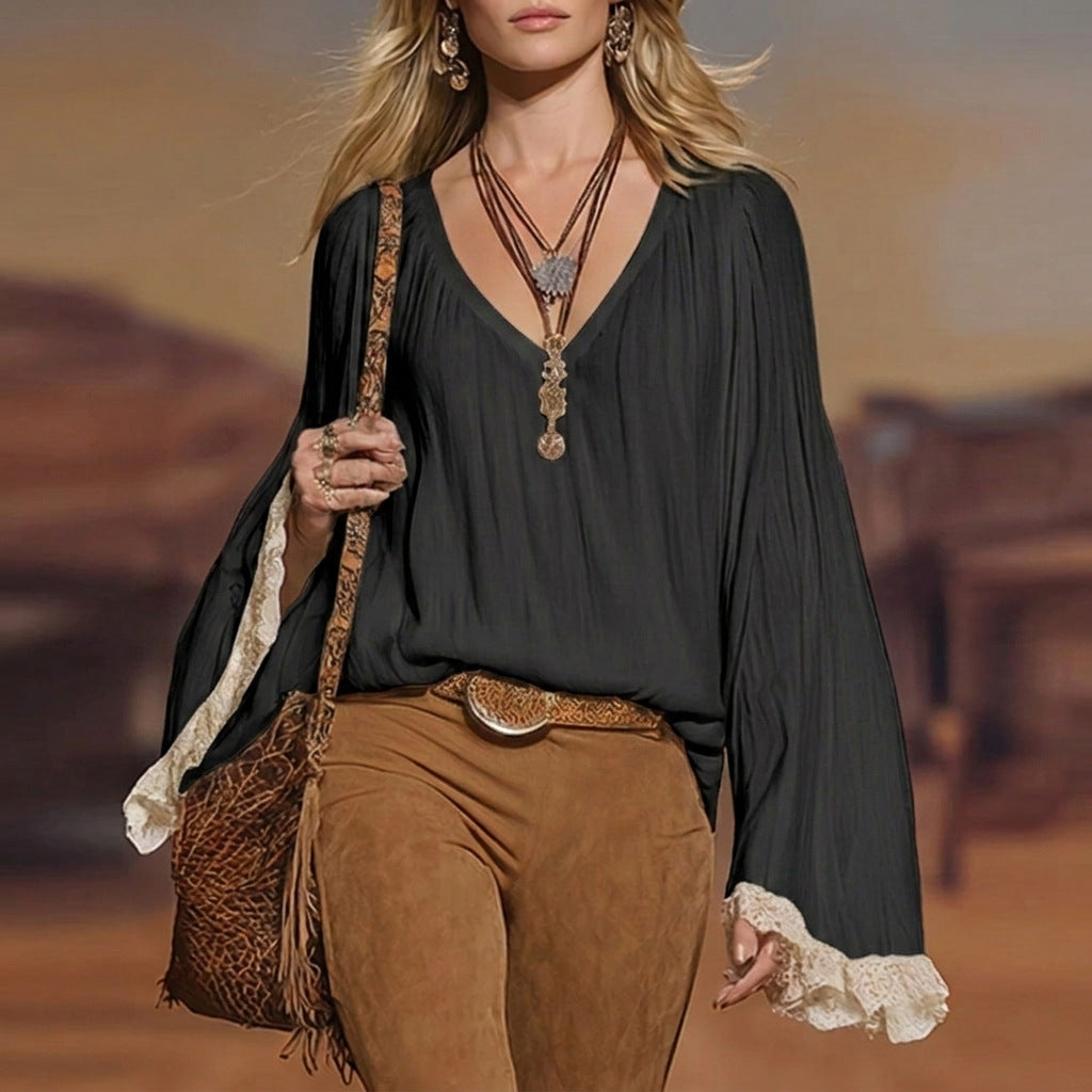 Bohemian Lace Long Sleeve Polyester Blouse For Women With Pullover Design