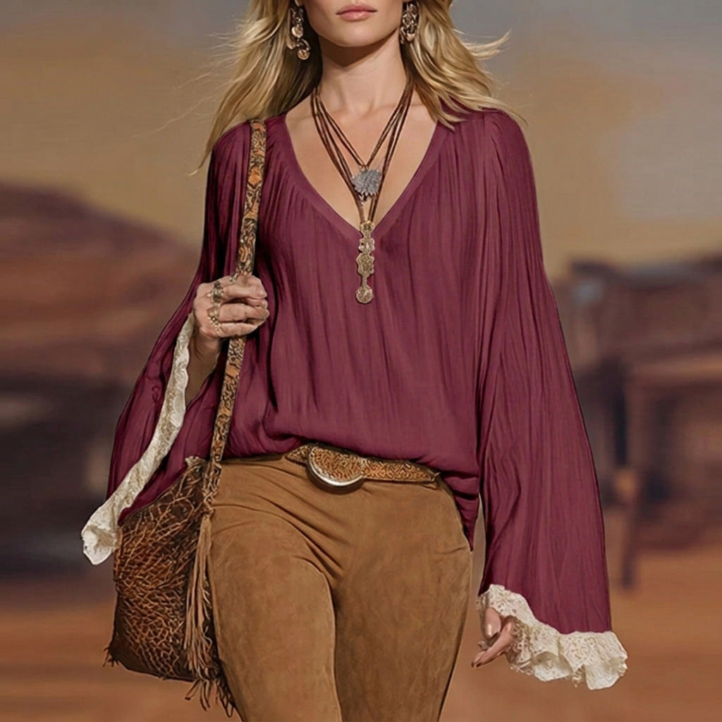 Bohemian Lace Long Sleeve Polyester Blouse For Women With Pullover Design