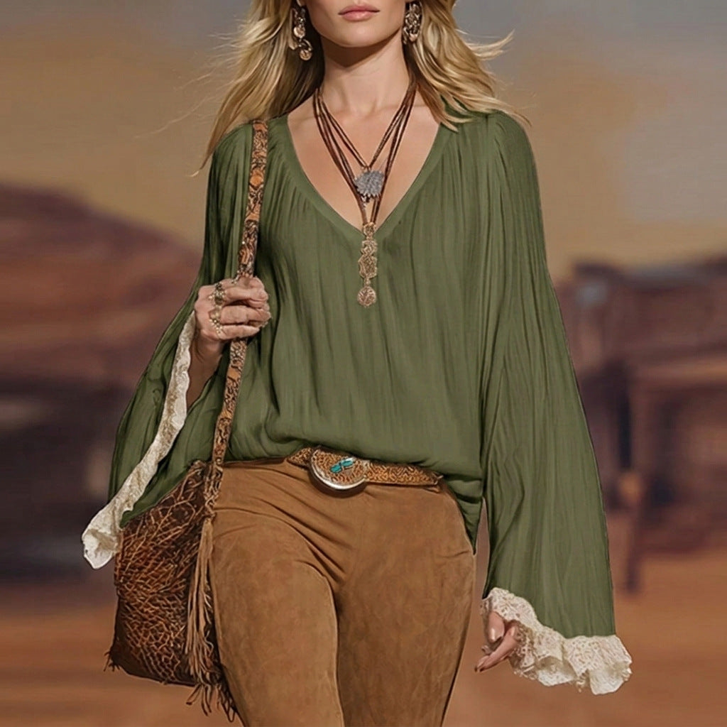 Bohemian Lace Long Sleeve Polyester Blouse For Women With Pullover Design