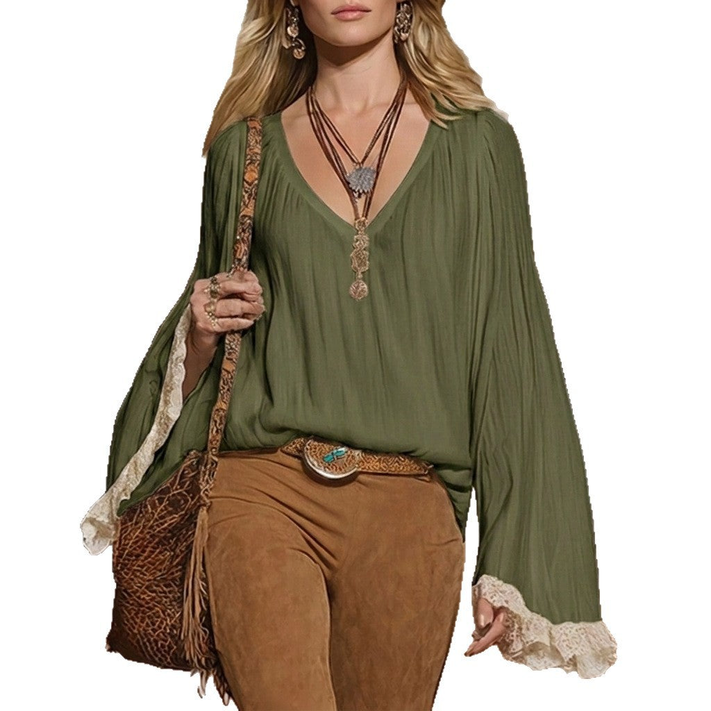 Bohemian Lace Long Sleeve Polyester Blouse For Women With Pullover Design