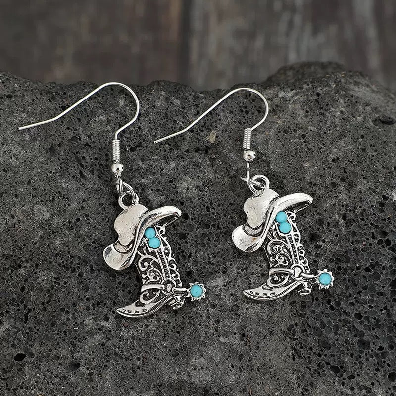 Bohemian Silver Cowboy Hat Earrings For Women Featuring Zinc Alloy And Iron Post Material
