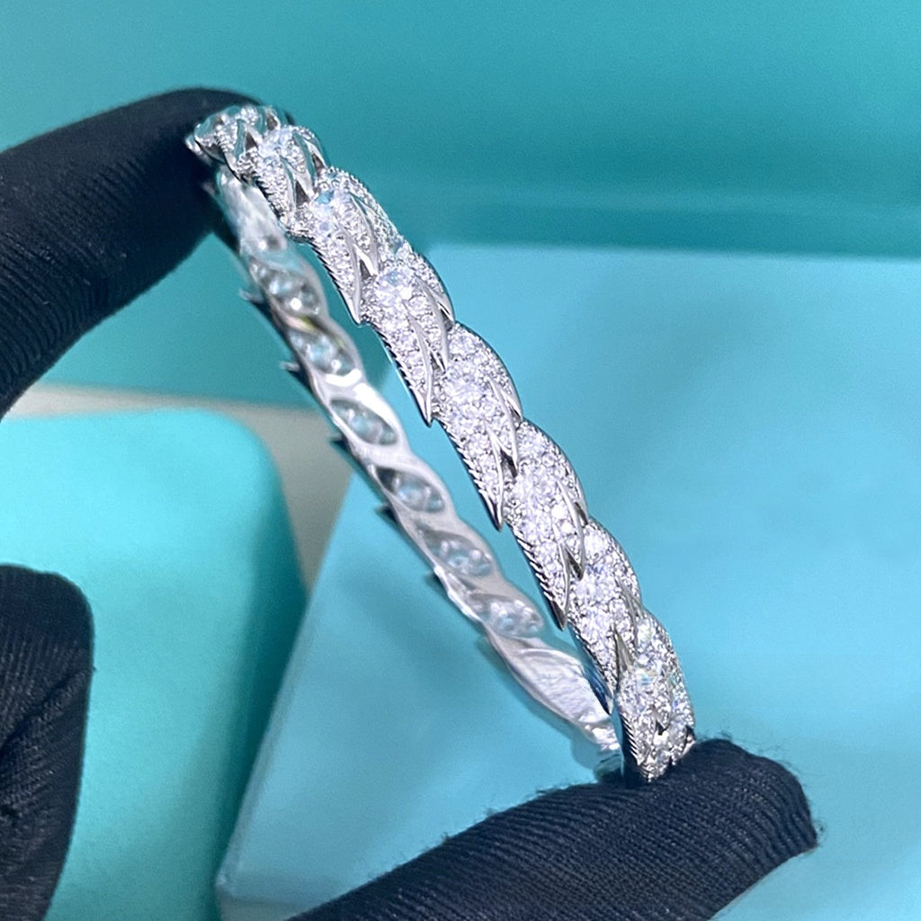 Elegant Feather Inlay Bangle In 925 Sterling Silver With 18K Real Gold Plated Electroplated Finish And Rhinestone Inlay