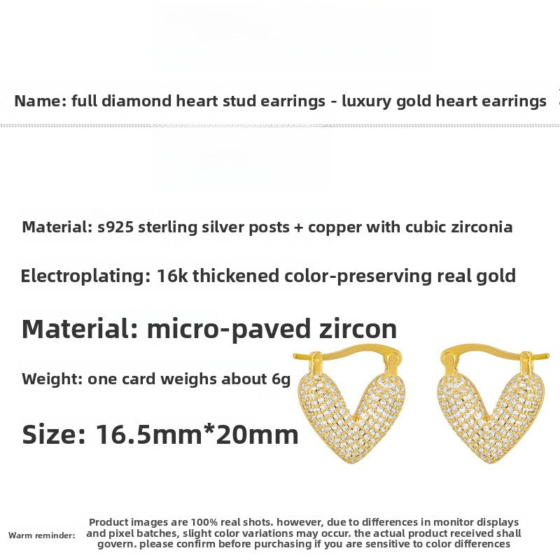 Heart Shape Stud Earrings For Women In Copper With Real Gold Plating And Rhinestone Inlay, Featuring 925 Sterling Silver Posts