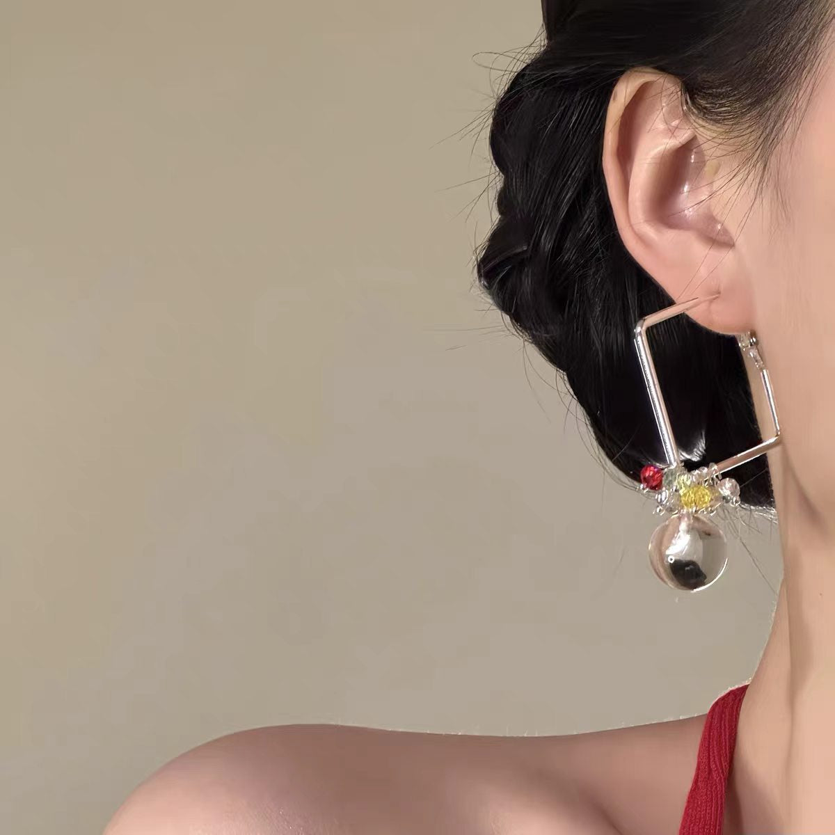 Exaggerated Square Hoop Earrings For Women Featuring Glass Beading In Colour Glass Material