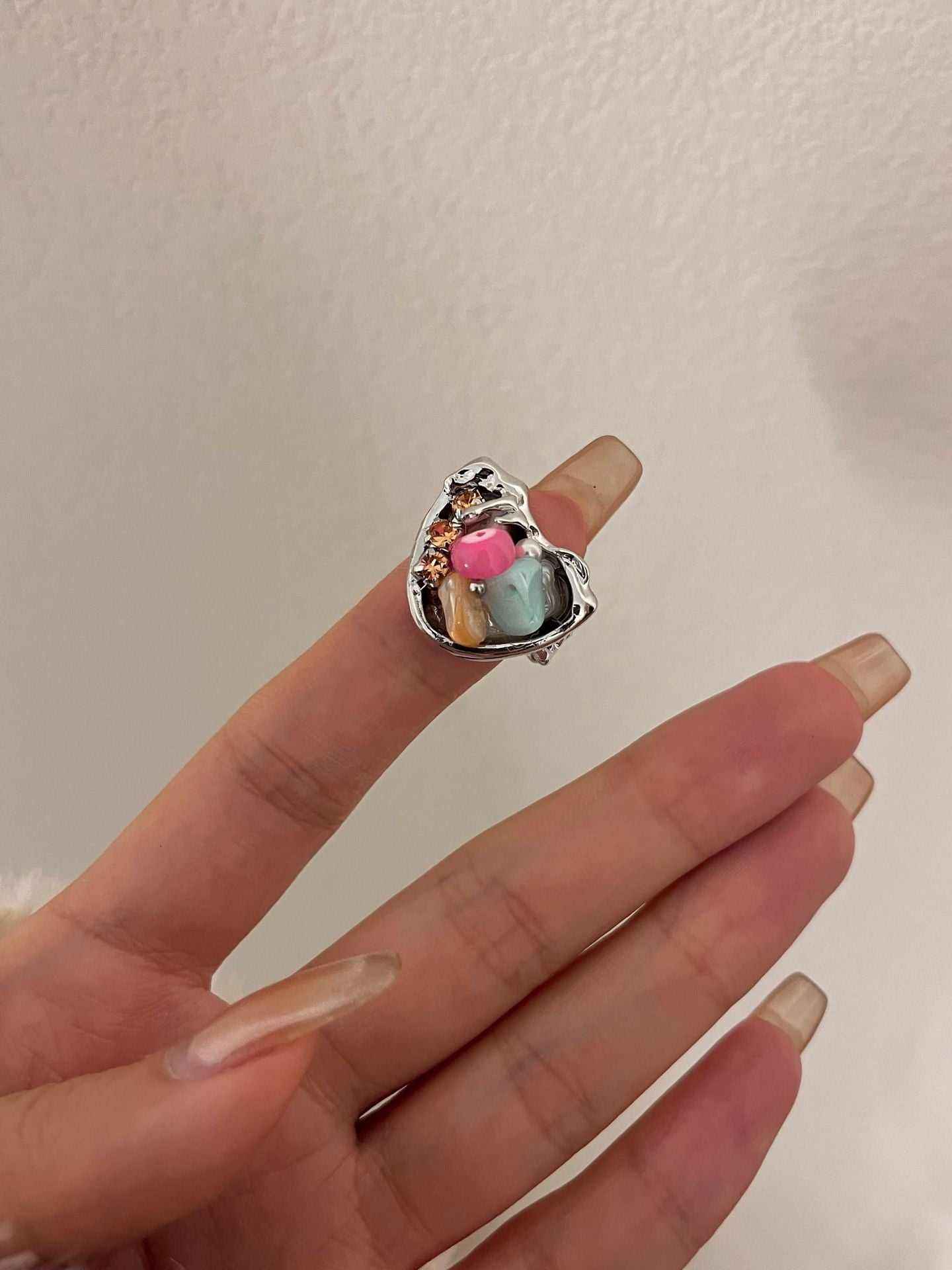 Heart Shape Open Ring For Women Featuring Electroplated Metal With Natural Stone Inlay And Beading Craft