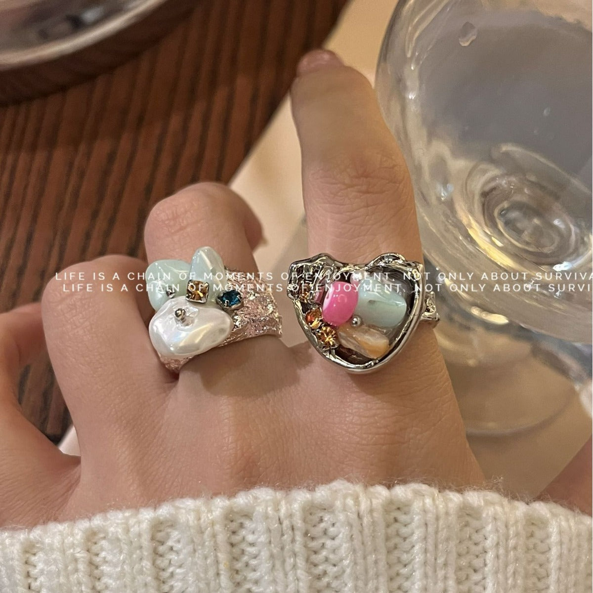 Heart Shape Open Ring For Women Featuring Electroplated Metal With Natural Stone Inlay And Beading Craft