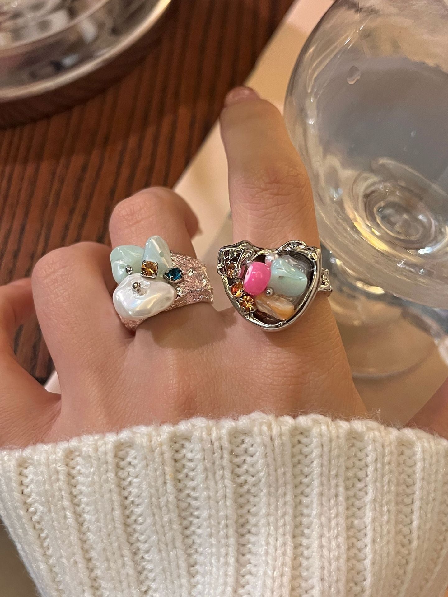 Heart Shape Open Ring For Women Featuring Electroplated Metal With Natural Stone Inlay And Beading Craft
