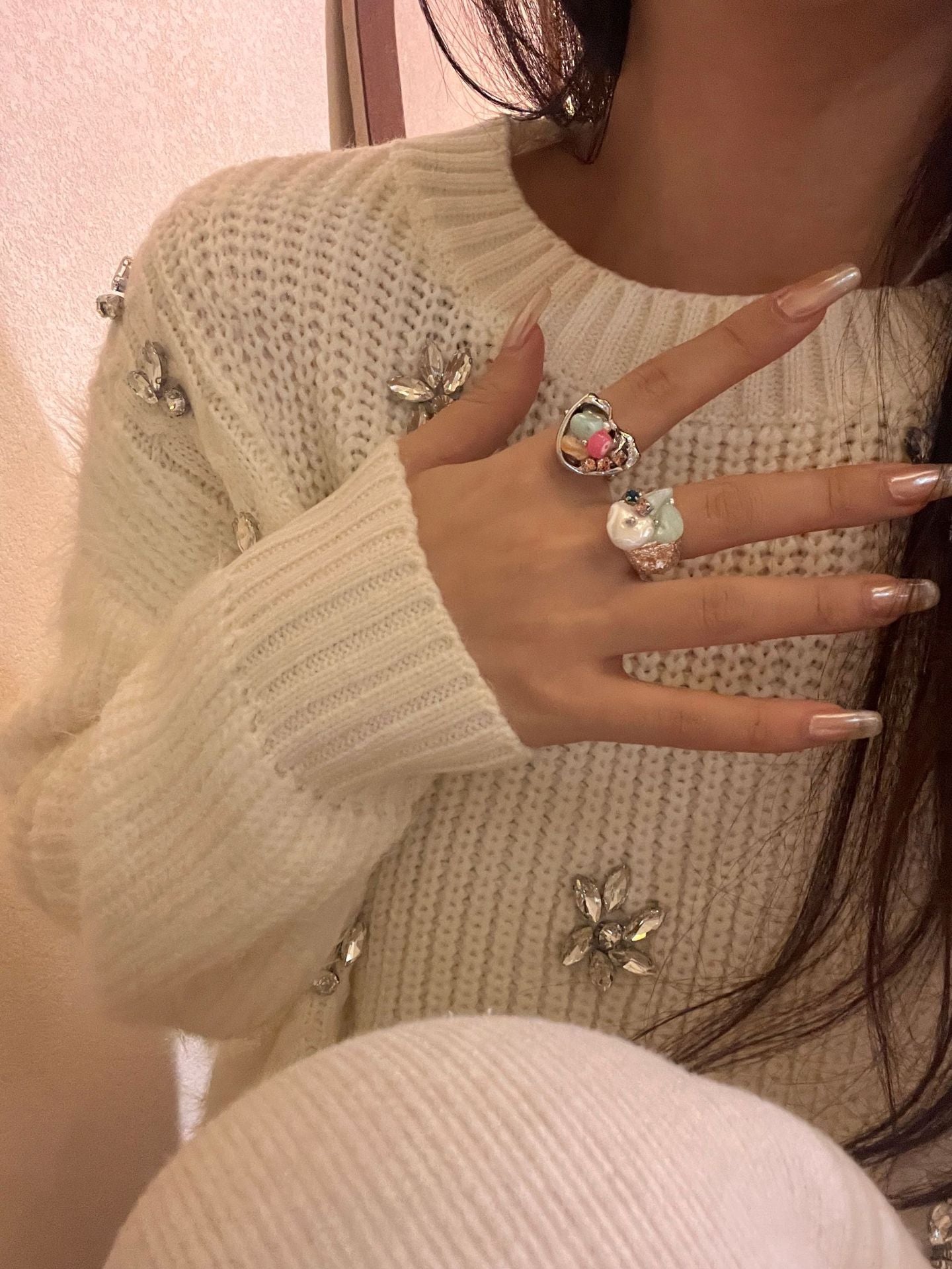 Heart Shape Open Ring For Women Featuring Electroplated Metal With Natural Stone Inlay And Beading Craft