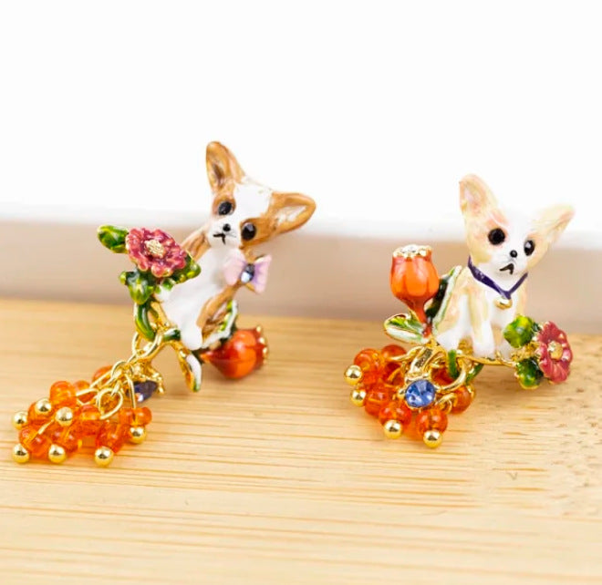 Cute Asymmetrical Dog Stud Earrings For Women, Electroplated Copper With Gem Inlay