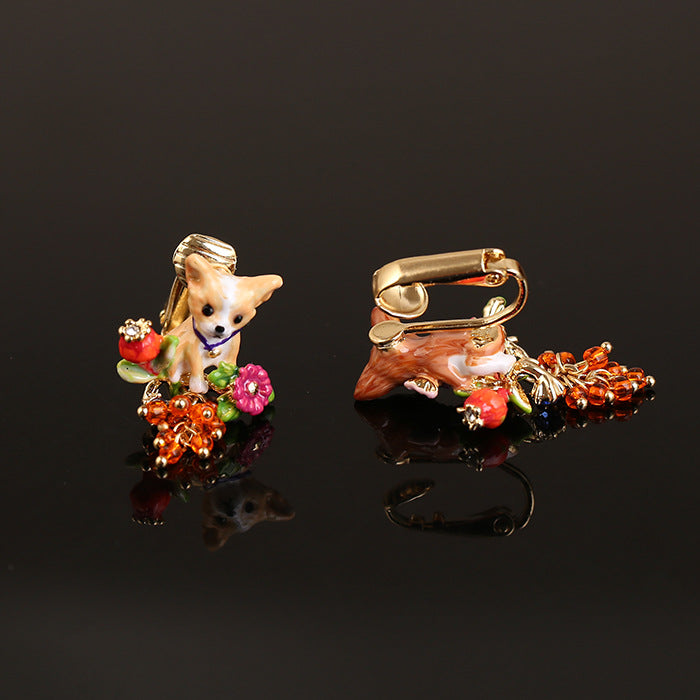 Cute Asymmetrical Dog Stud Earrings For Women, Electroplated Copper With Gem Inlay