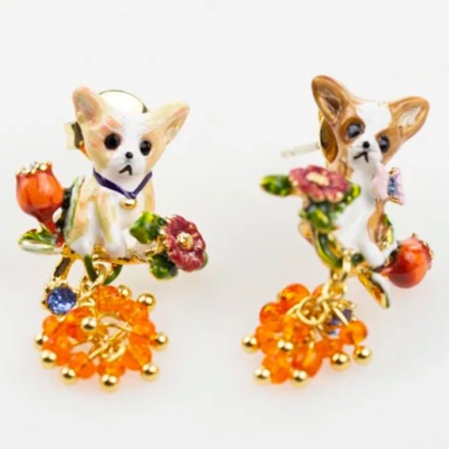 Cute Asymmetrical Dog Stud Earrings For Women, Electroplated Copper With Gem Inlay