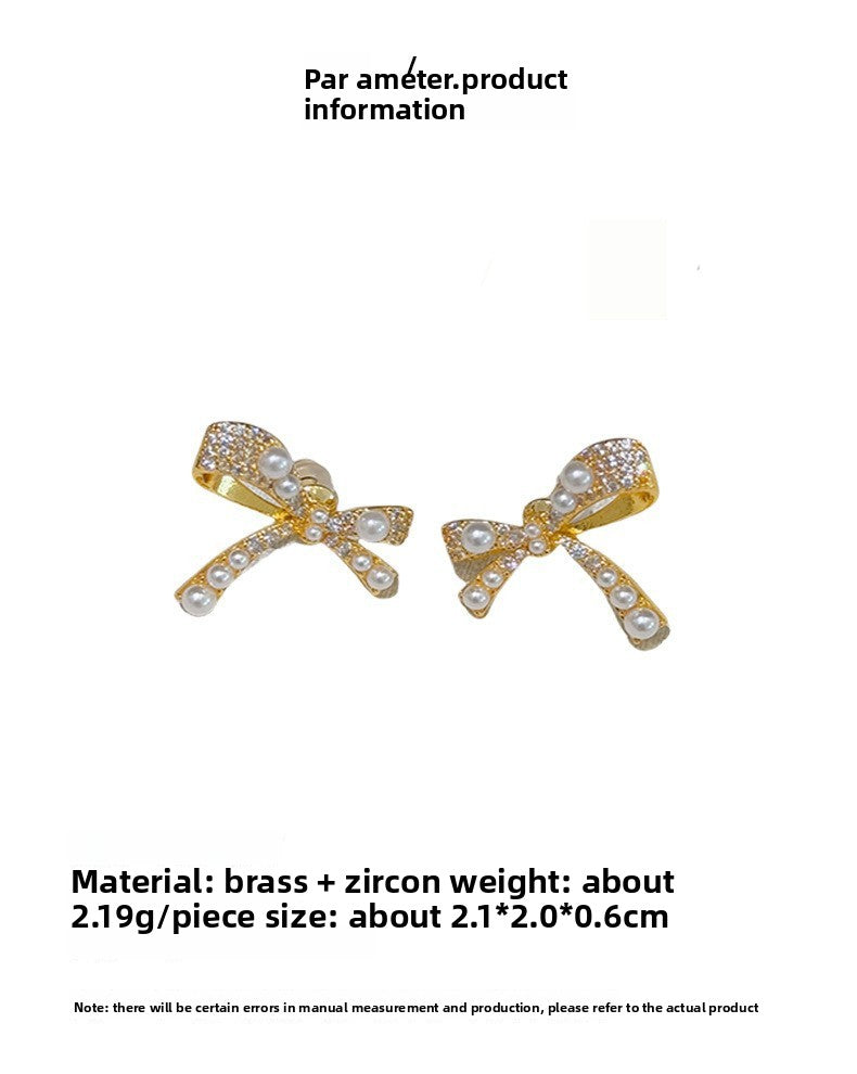 Gold Bow Tie Earrings For Women Featuring Copper With 925 Sterling Silver Ear Pins And Artificial Pearl Inlay