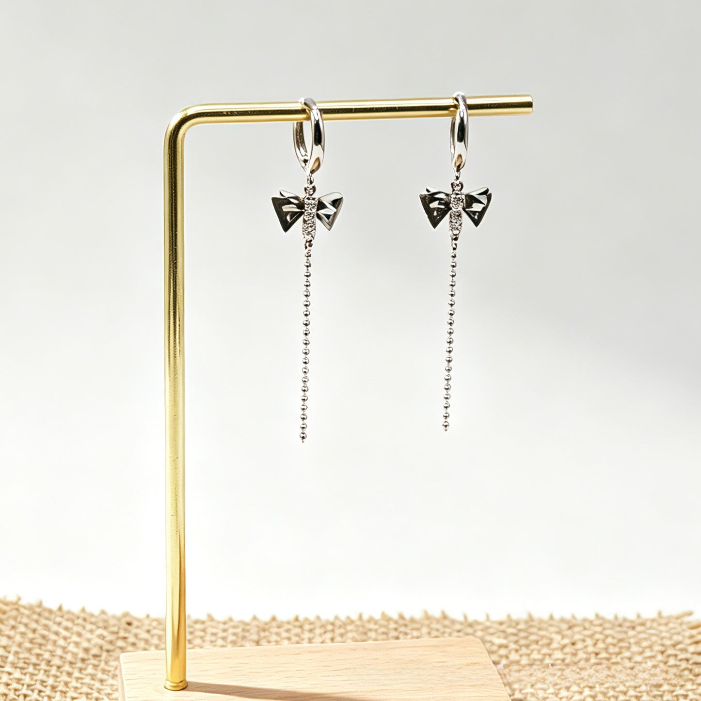 Bow Tie Tassel Drop Earrings For Women In Silver With Rhinestones, Copper Ear Pins, 1 Pair