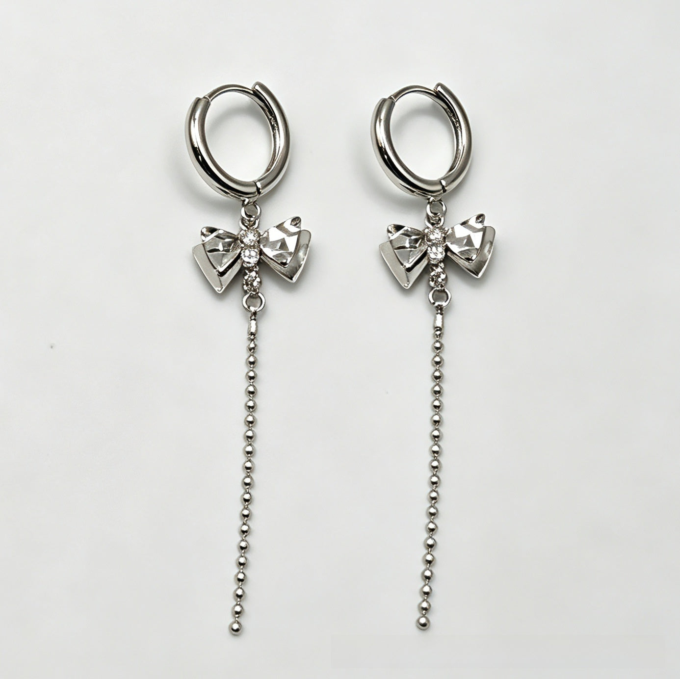 Bow Tie Tassel Drop Earrings For Women In Silver With Rhinestones, Copper Ear Pins, 1 Pair