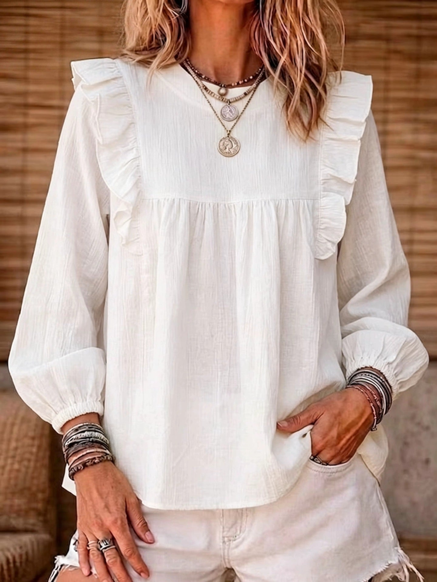 Elegant Solid Color Long Sleeve Polyester T-shirt With Splicing Design For Women