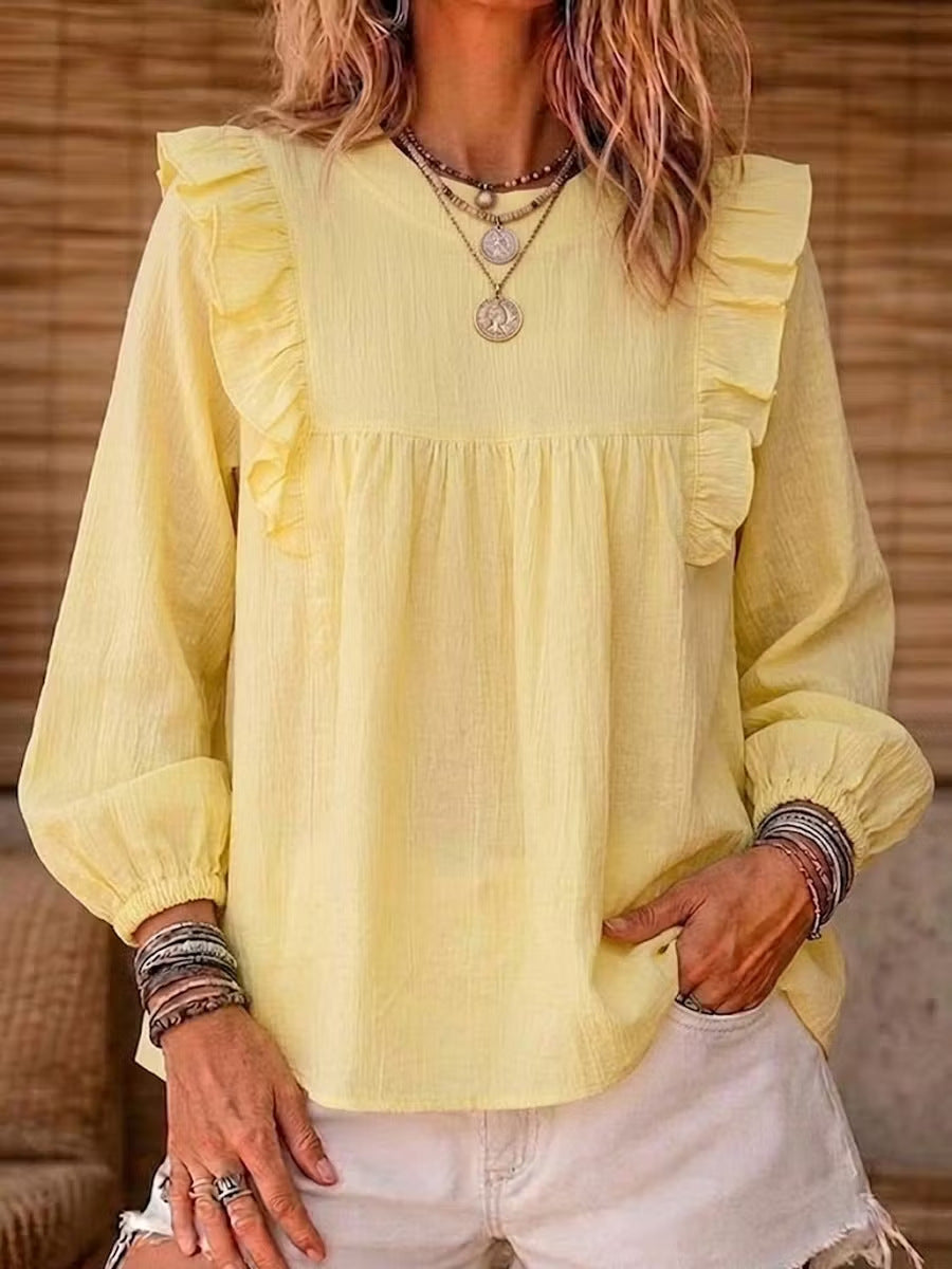 Elegant Solid Color Long Sleeve Polyester T-shirt With Splicing Design For Women