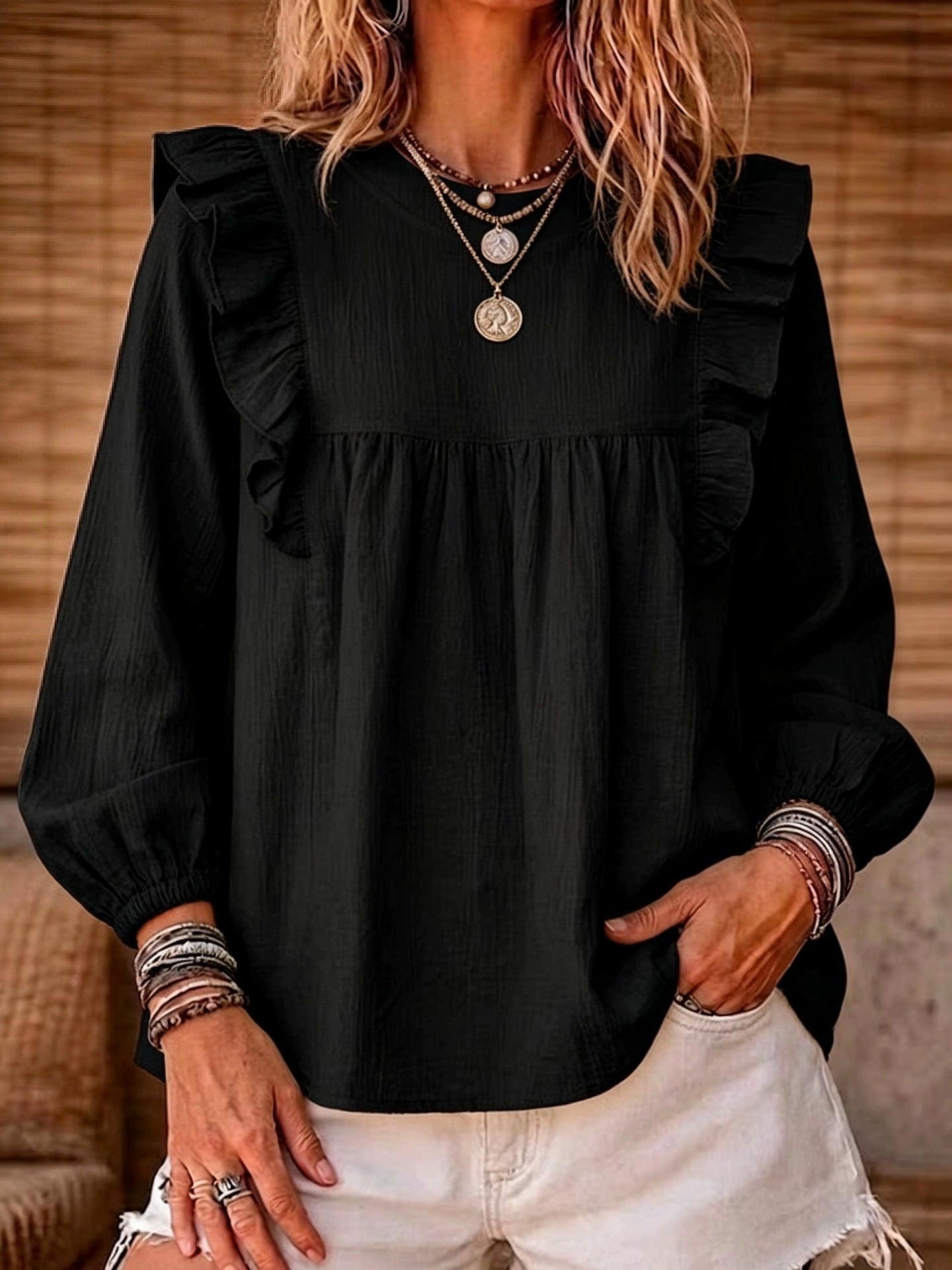 Elegant Solid Color Long Sleeve Polyester T-shirt With Splicing Design For Women