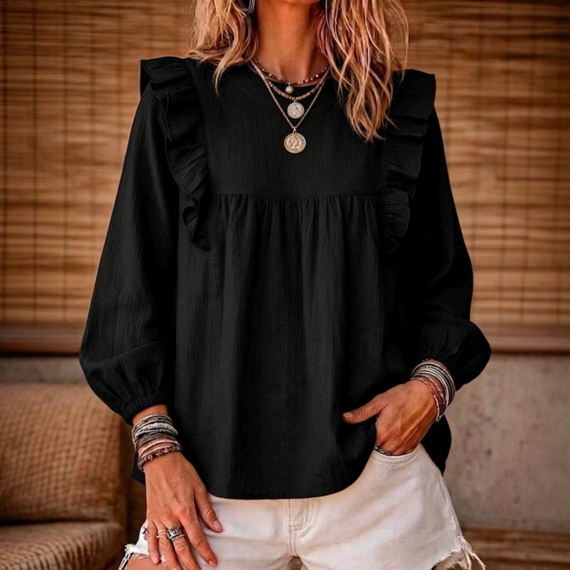 Elegant Solid Color Long Sleeve Polyester T-shirt With Splicing Design For Women