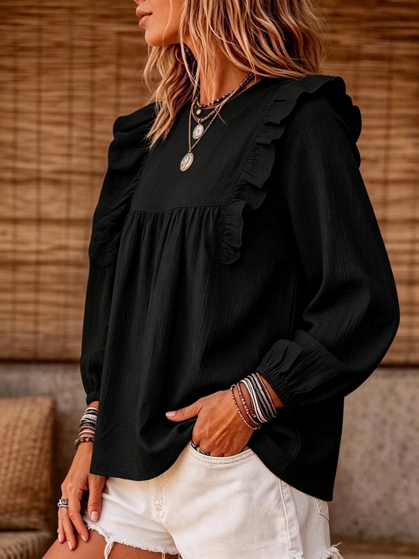 Elegant Solid Color Long Sleeve Polyester T-shirt With Splicing Design For Women