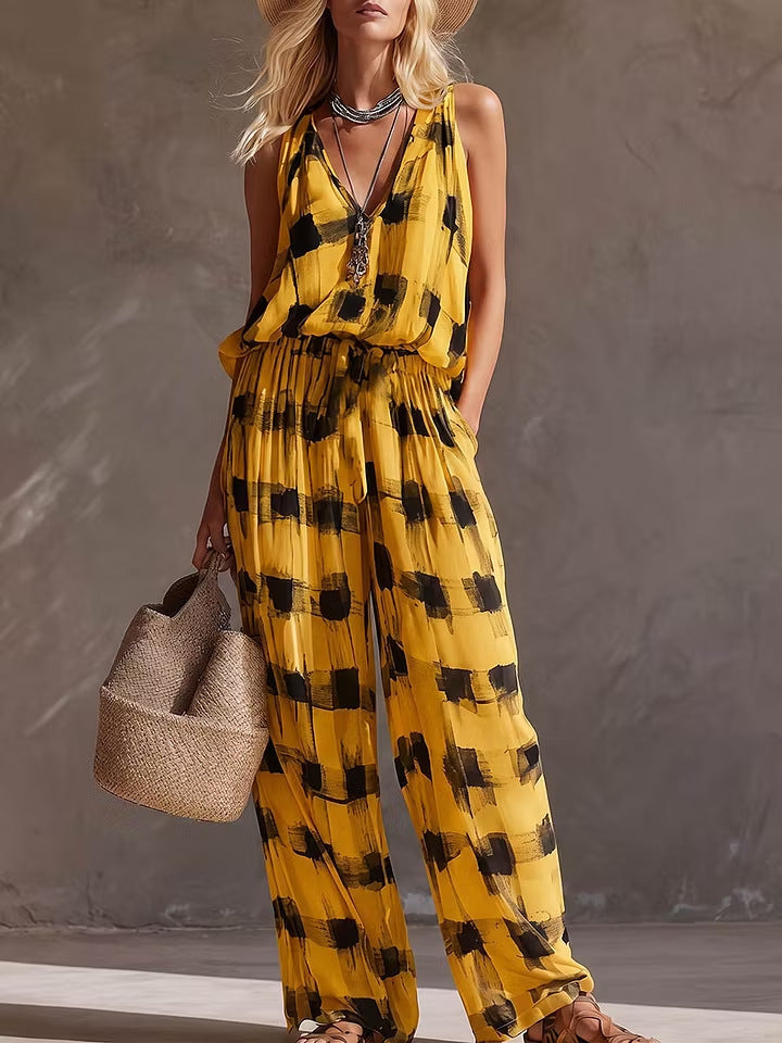 Elegant Sleeveless Color Block Linen Skirt Co-ord Set With Printing