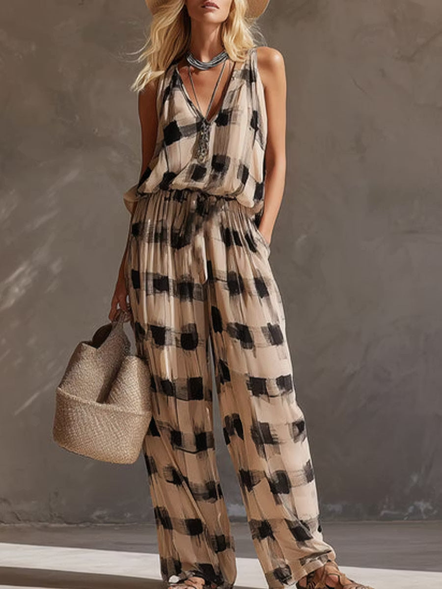 Elegant Sleeveless Color Block Linen Skirt Co-ord Set With Printing