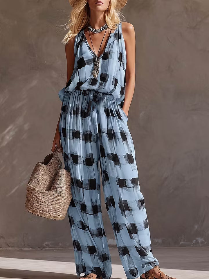 Elegant Sleeveless Color Block Linen Skirt Co-ord Set With Printing