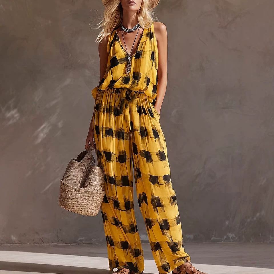 Elegant Sleeveless Color Block Linen Skirt Co-ord Set With Printing