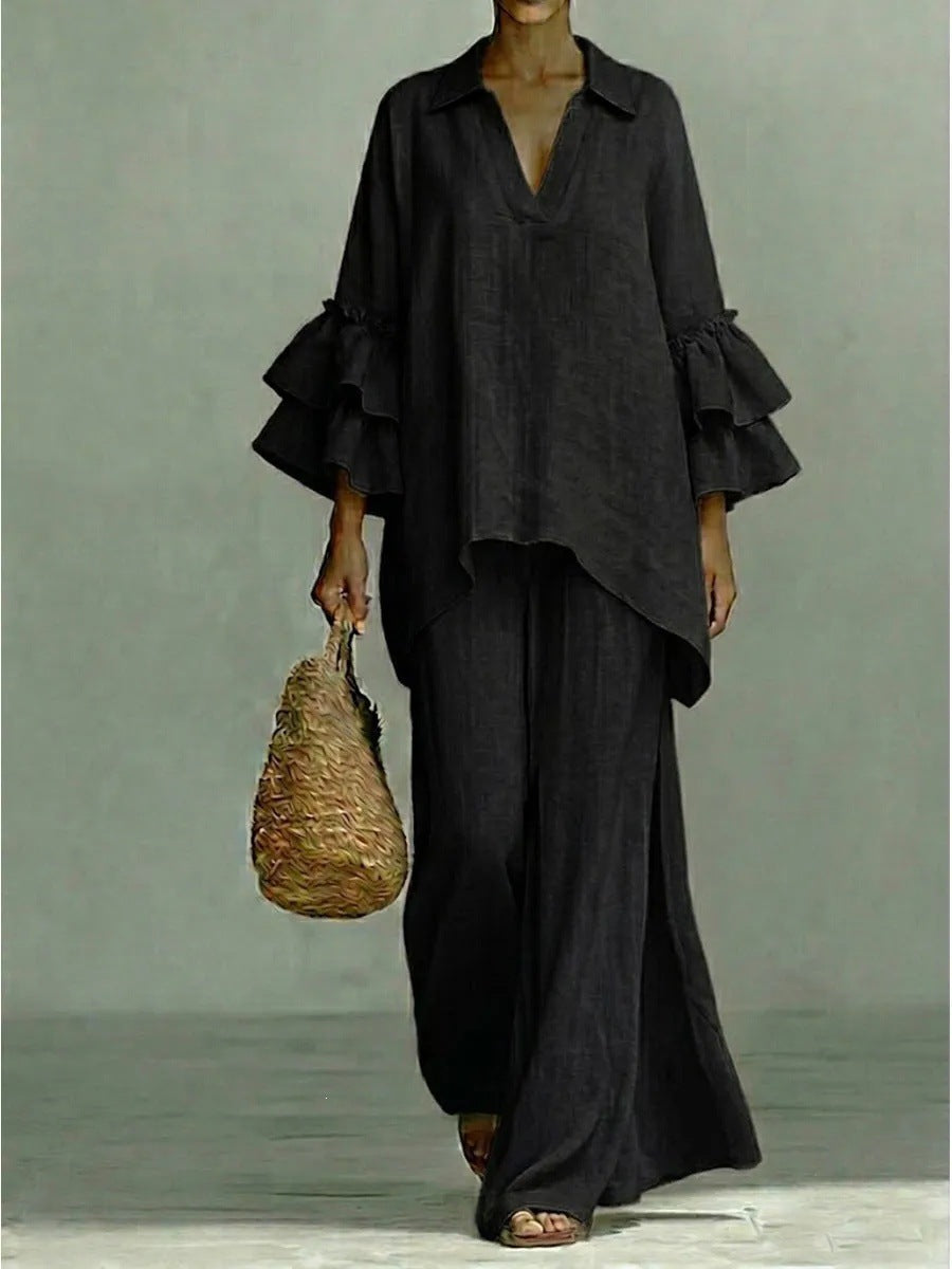 Bohemian Casual Cotton And Linen Pant Co-ord Set With Patchwork Printing And Trumpet Sleeves, 2 Pieces Set
